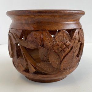 VINTAGE Hand Carved Walnut Wood Bowl with Cut Out Floral Designs